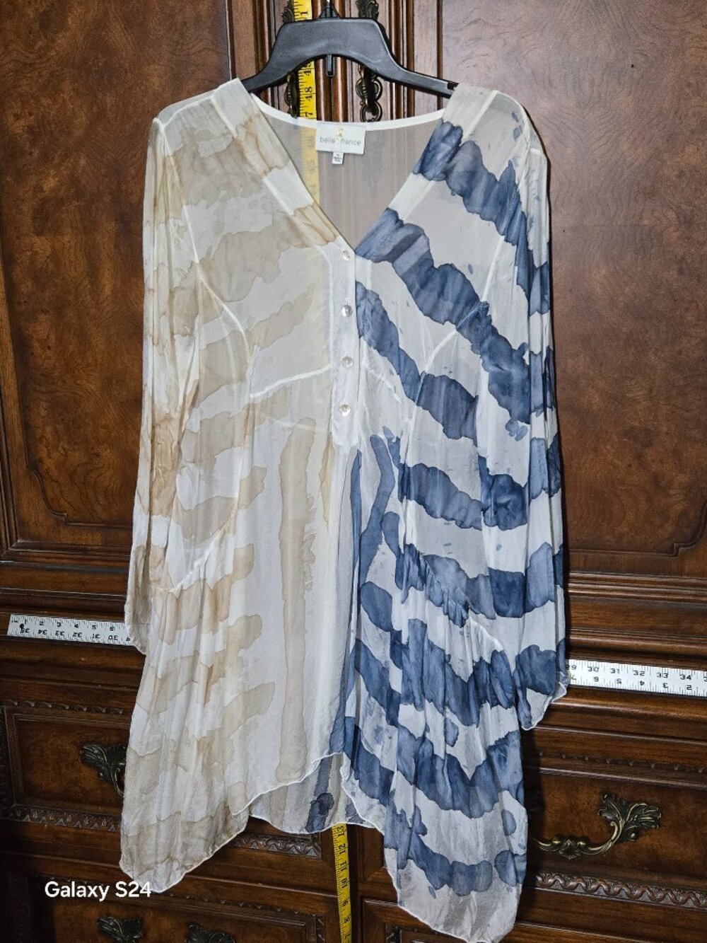 Belle France Made in Italy Asymmetrical Tunic XL Blue Beige Sheer Boho Top